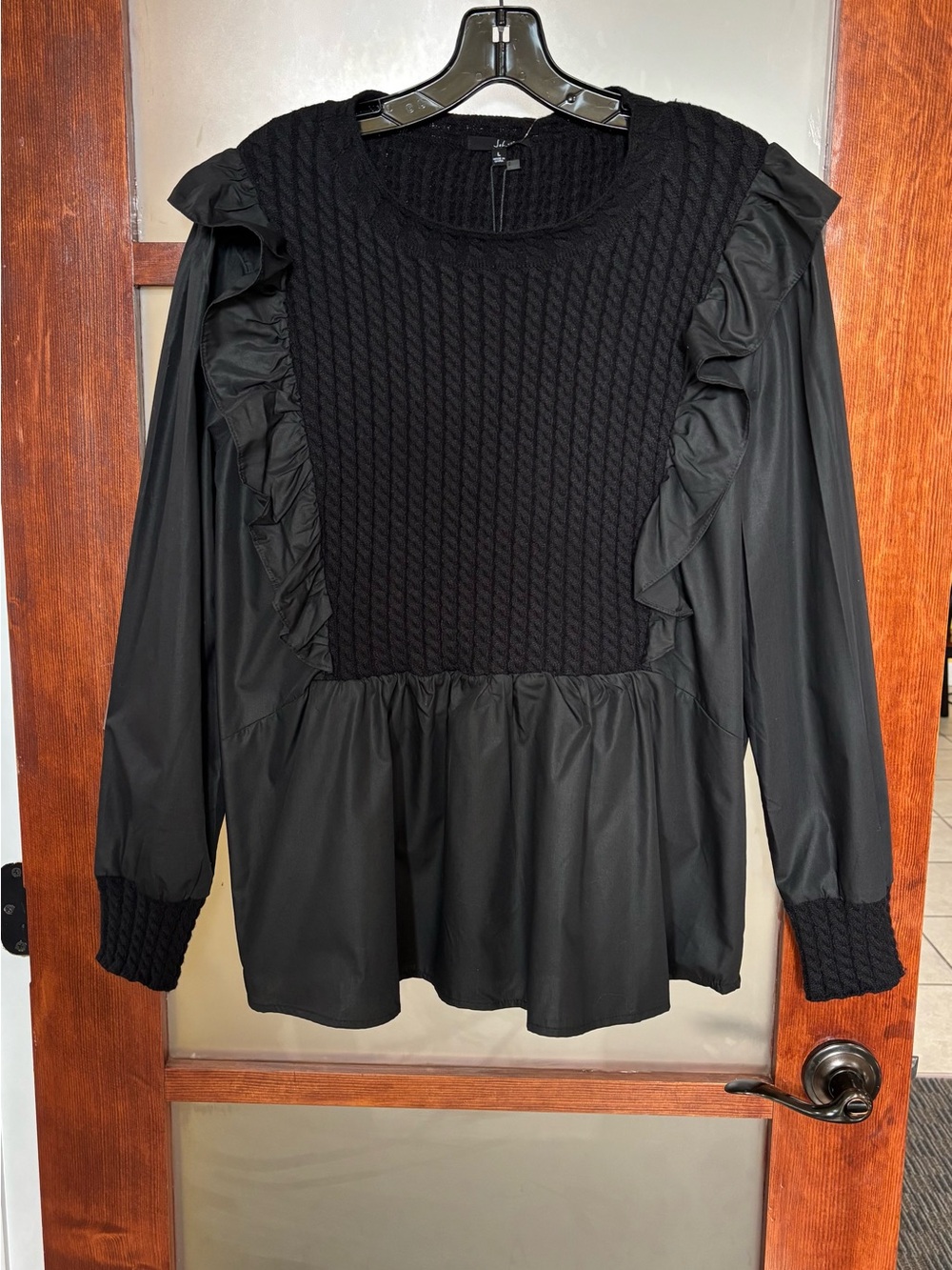 Joh Black Ruffled Knit-Paneled Peplum Blouse